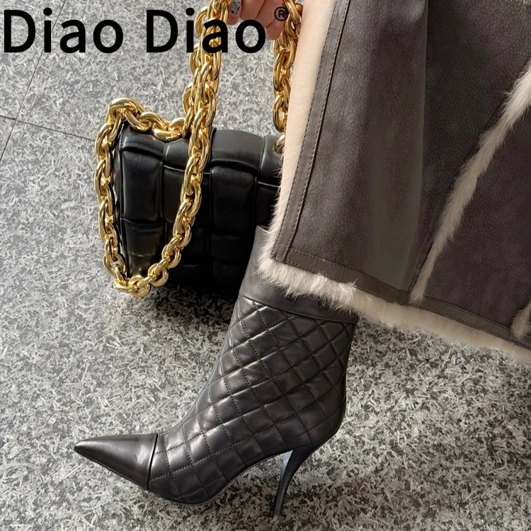 diaodiao时装靴冬季粗跟时尚百搭短靴细跟尖头女靴高筒高跟真皮