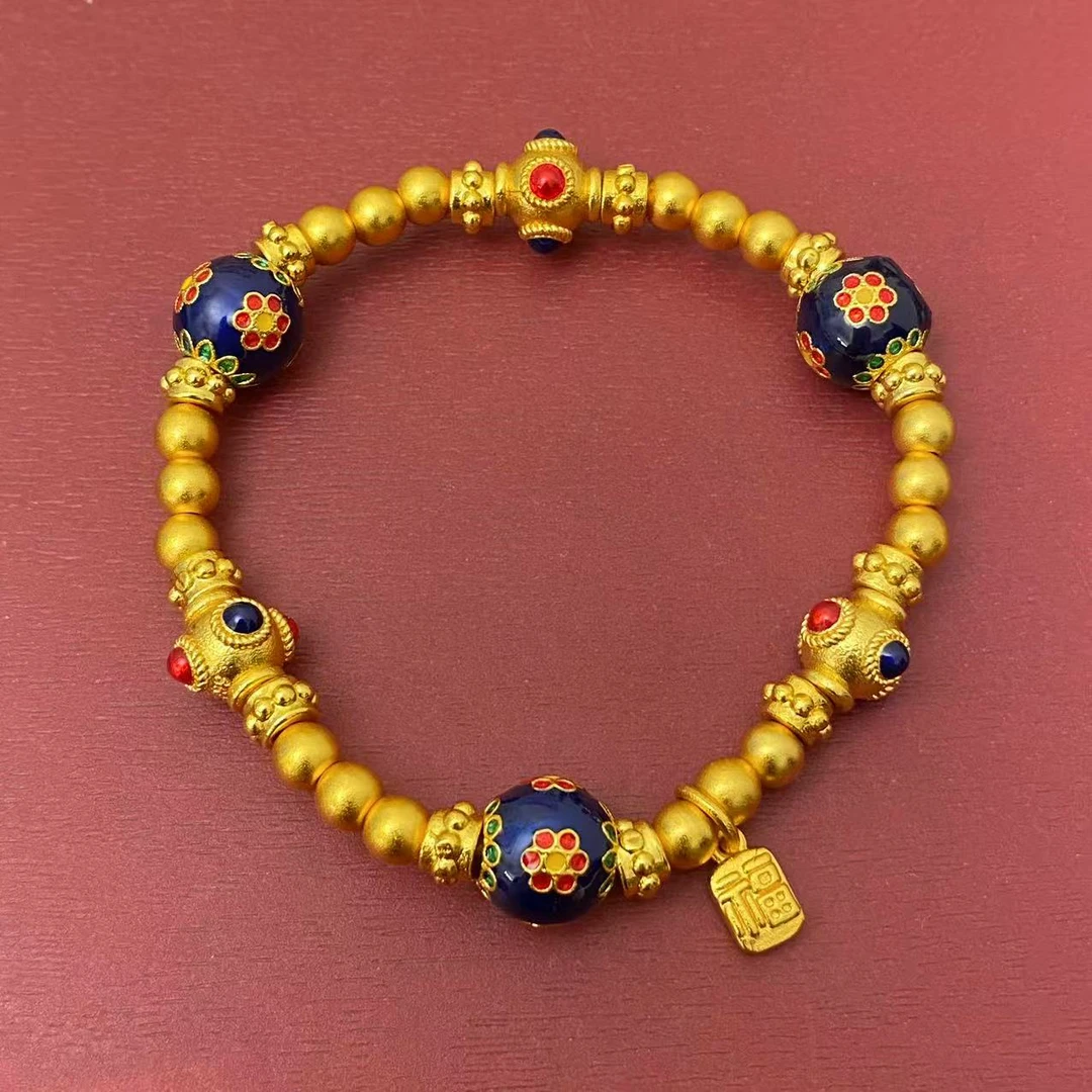 铜合金手链 杨幂同款新中式国潮风古法圆珠烧蓝繁花似锦单圈手链