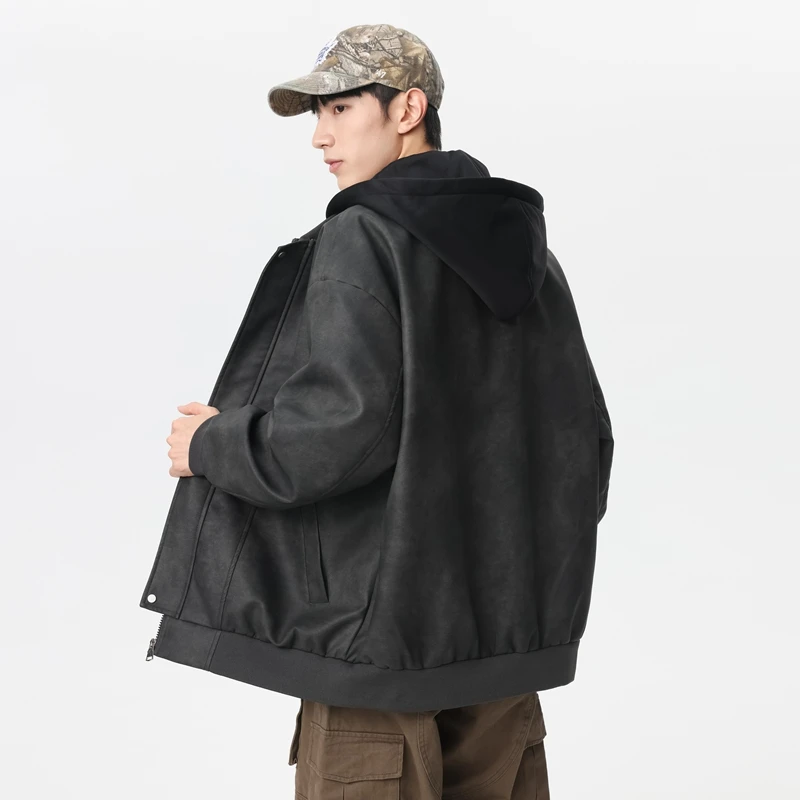 情侣PU皮衣男士复古潮流连帽皮夹克宽松显瘦皮外套2025春季新款
