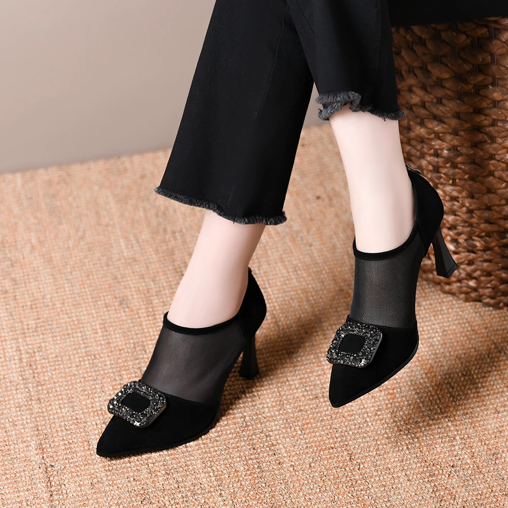 真皮羊皮网面镂空2025新款夏季网鞋女尖头高跟鞋网纱百搭细跟单鞋