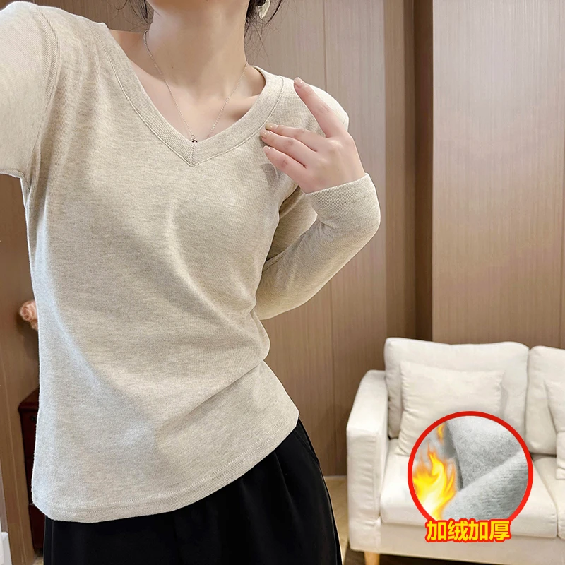 秋冬V领打底衫女长袖T恤修身显瘦上衣百搭内搭厚款纯色外穿简约