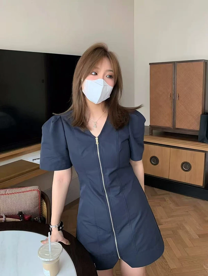 法式辣妹拉链式V领连衣裙夏季中长款连衣裙女