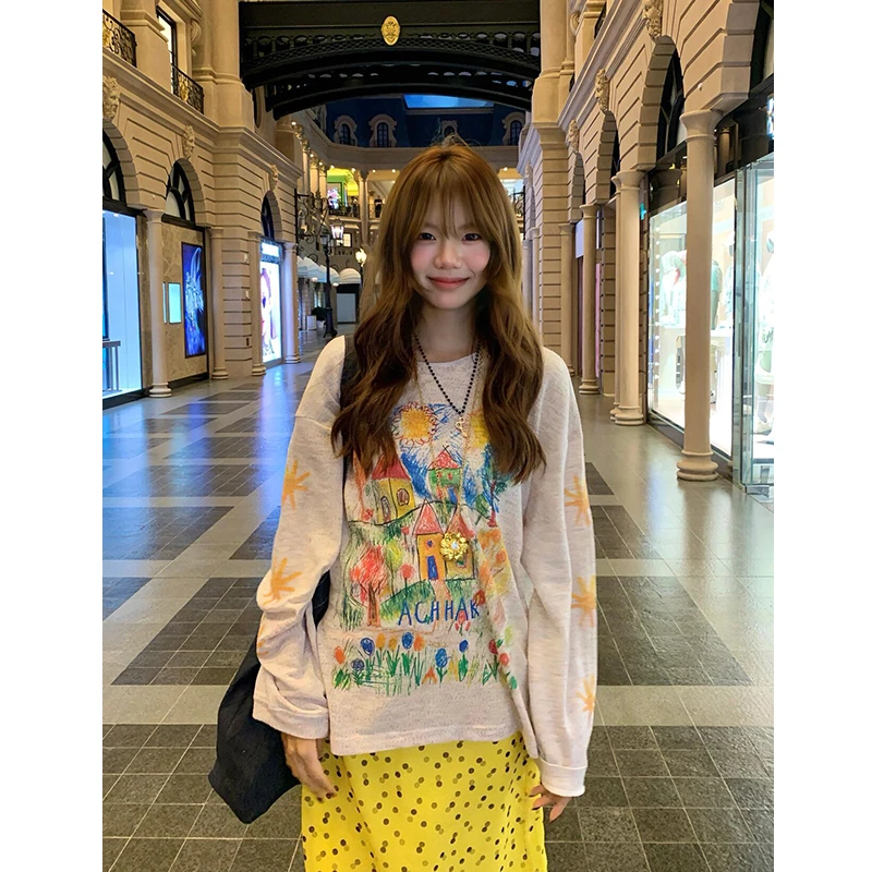 【珂塔芙】潮牌手绘涂鸦微透长袖t恤女宽松学院风休闲防晒罩衫上衣