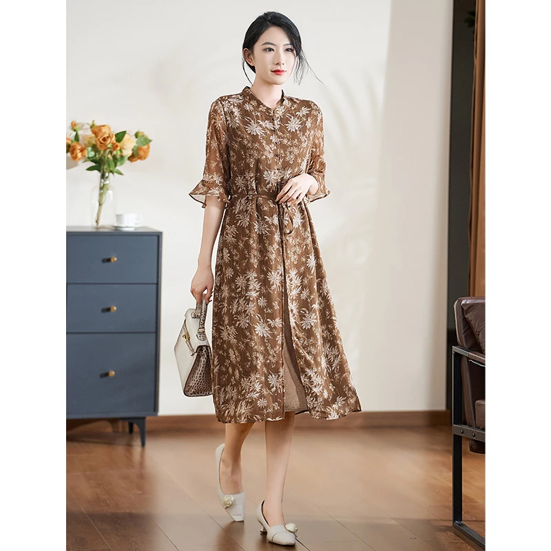 迪欧芙2025年春夏季咖色轻奢高贵时尚复古女装连衣裙#XLQ87833