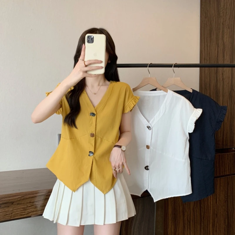 2025夏季大码胖mm女装新款时尚百搭显瘦纯色修身V领气质衬衫上衣