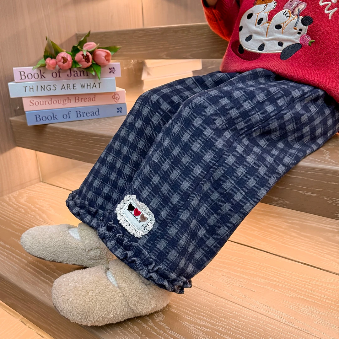 女童花边格子裤加绒洋气秋冬款女宝宝加厚休闲裤小童一体绒阔腿裤