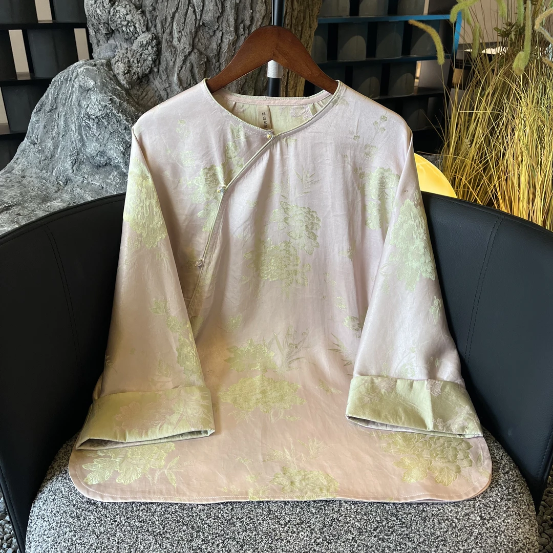 【芊韵】春季2025新款上衣小衫新中式女装国风圆领提花七分袖衬衫