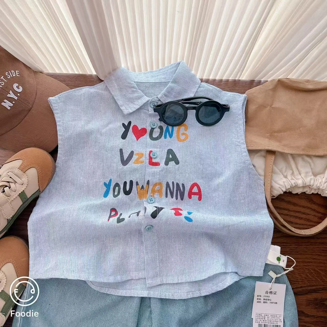 【JMJQ 25392】夏季韩版中小童清爽彩色字母开扣翻领竖纹无袖衫