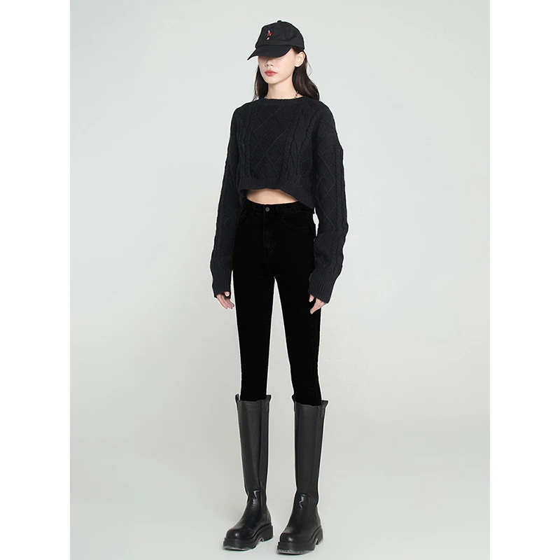 黑色加绒牛仔裤女2026秋冬新款高腰显瘦紧身烟灰色靴裤小脚铅笔裤