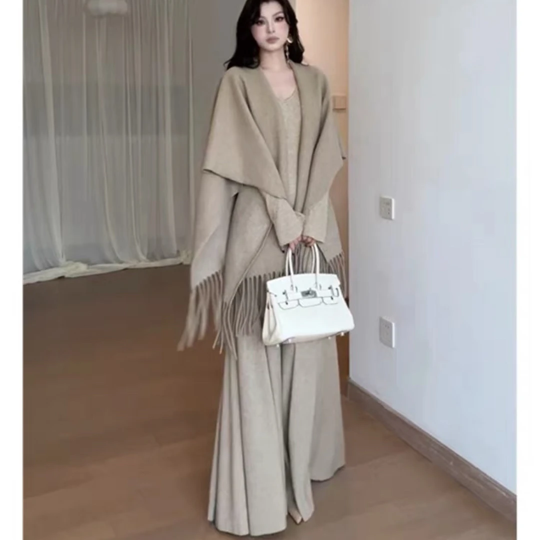 法式气质御姐风连衣裙流苏披肩两件套秋季新款时尚气质套装