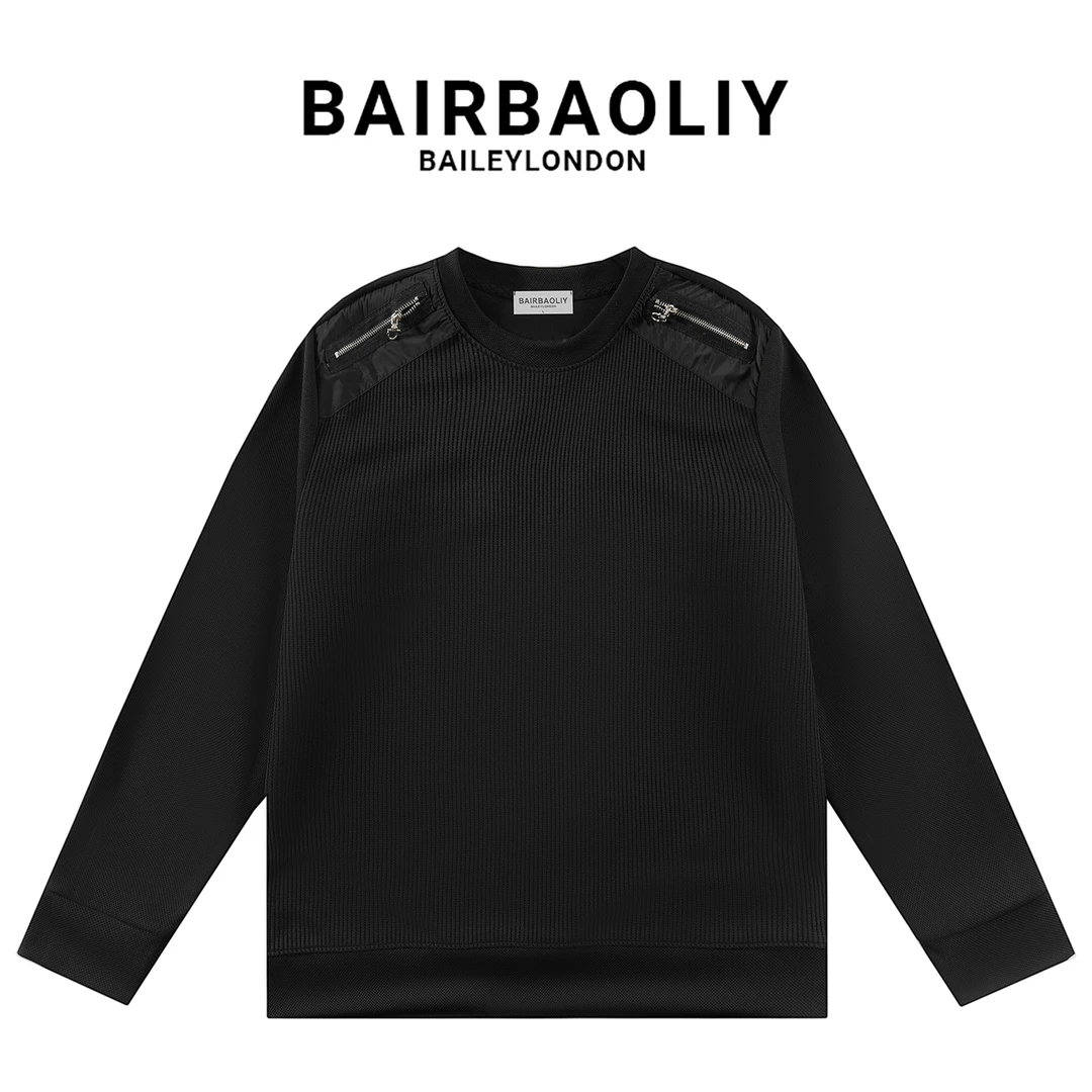 BAIRBAOLIY欧货修身圆领坑条肌理感卫衣男拉链拼接设计感帅气上衣
