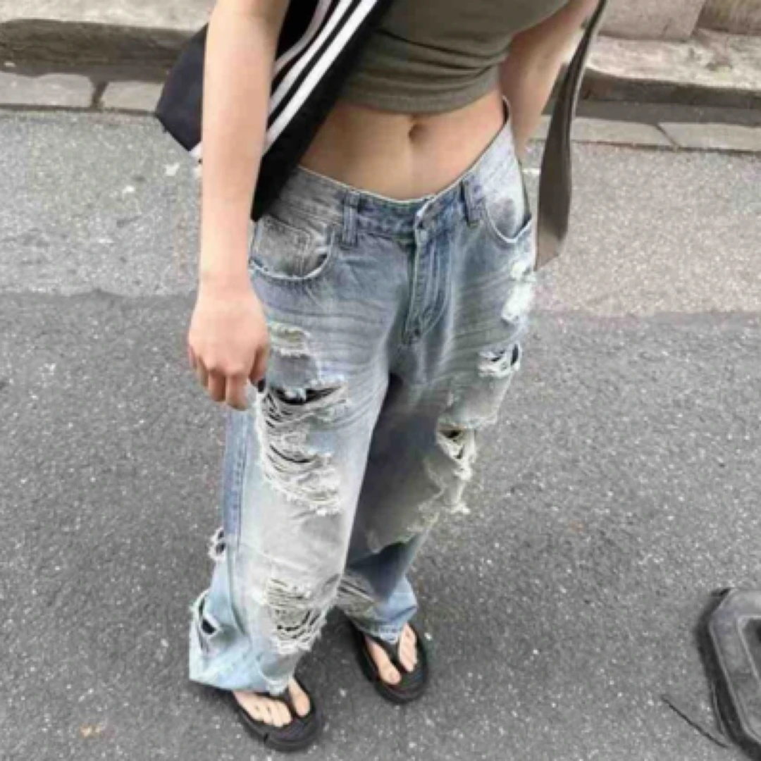 夏季薄款女破洞阔腿裤高腰百搭牛仔裤复古直筒裤子显瘦毛边水洗