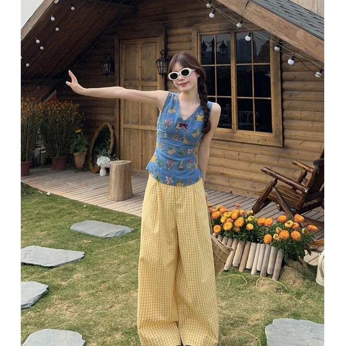 蝴蝶结花朵刺绣v领吊带背心女夏季收腰无袖上衣格子阔腿裤两件套