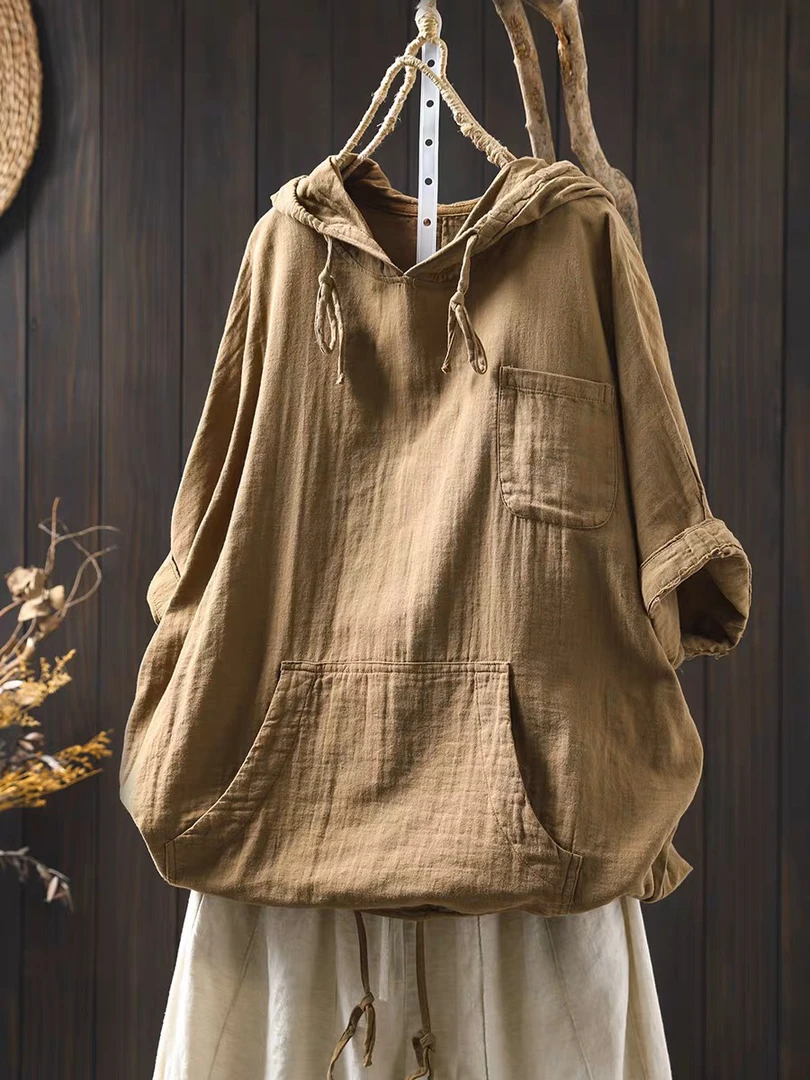 纯棉纱连帽套头短袖衬衫女宽松2025夏季新款文艺休闲软糯上衣衬衣