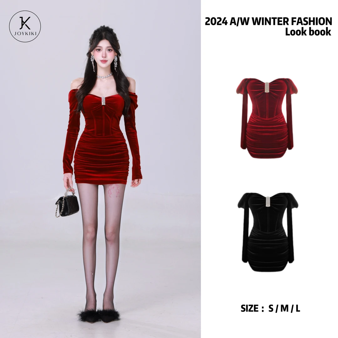 【JOYKIKI 清清!】【法式梦露】法式带钻绒感带钻包臀连衣裙J24D473