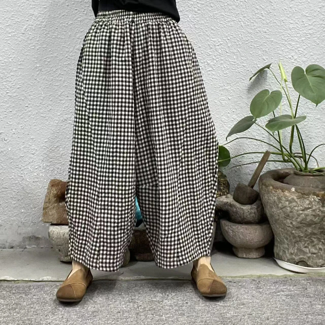 503格纹色织麻直筒休闲裤（长87臀围140脚口56