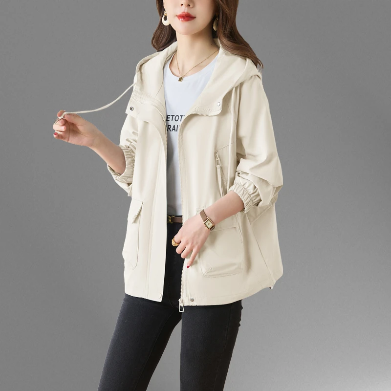 连帽风衣外套女春秋短款2025新款时尚休闲大码小个子女士夹克上衣