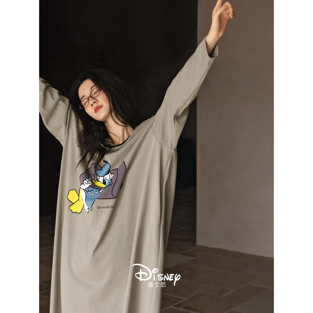 迪士尼睡衣女春秋季新款柔软棉长袖睡裙慵懒宽松可爱唐老鸭连衣裙