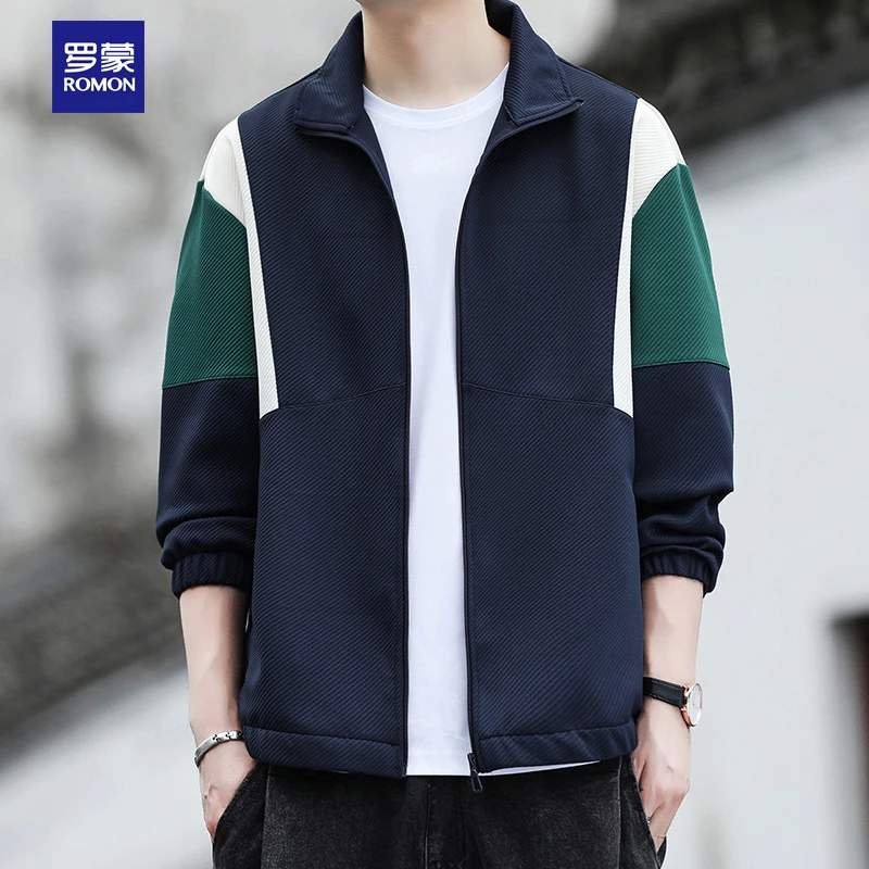 拼料下摆春季秋季夹克翻领潮流宽松休闲拼色男装韩版