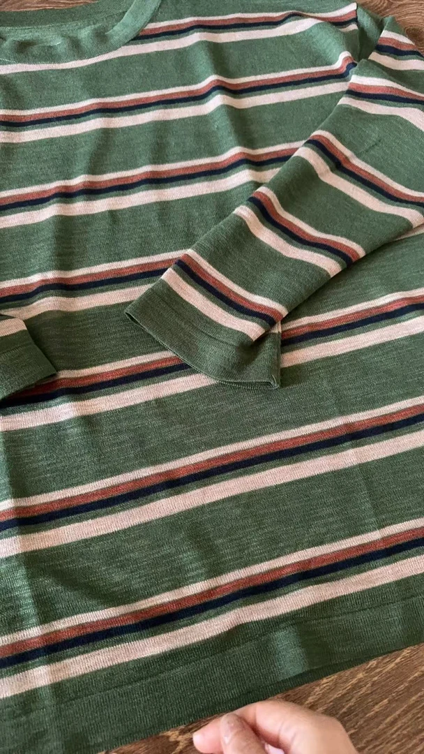 彩薇秋款韩系风撞色宽松条纹长袖竹节麻（会缩水的）