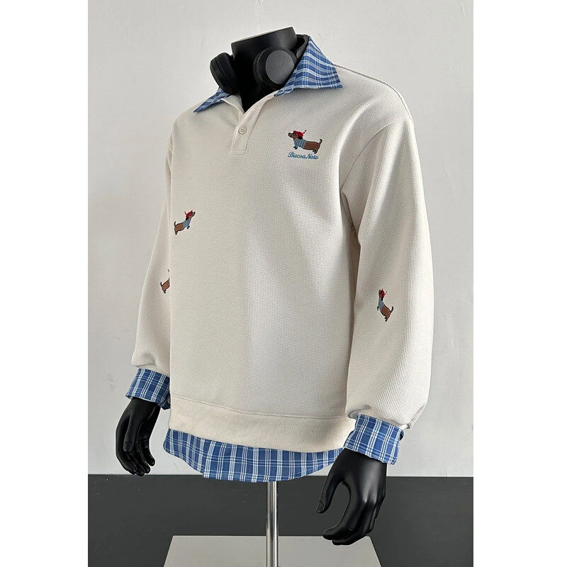 2025春季新款港风大码假两件腊肠狗卫衣美式长袖休闲翻领上衣