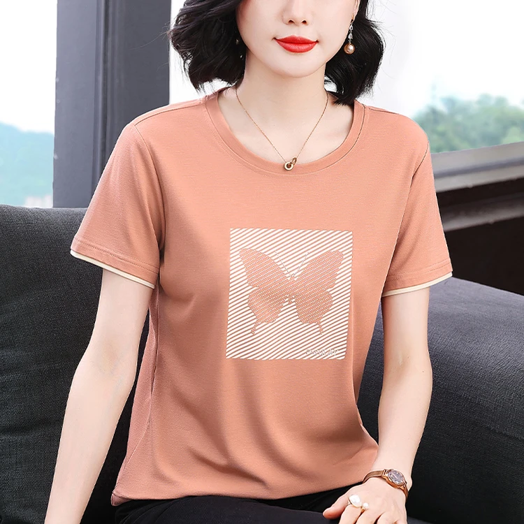妈妈装2025夏季新款短袖女T恤高级感烫钻设计宽松显瘦拼接上衣