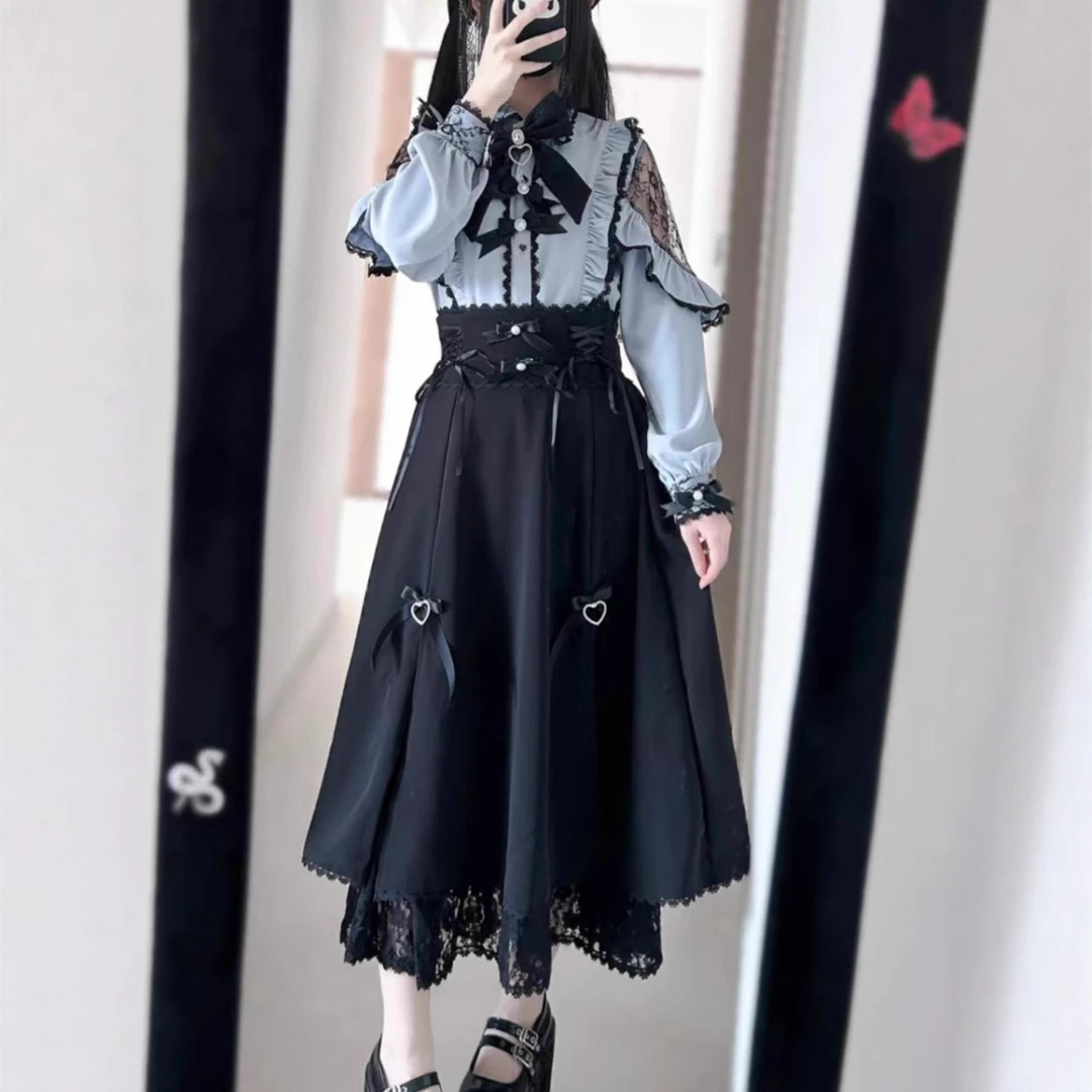 甜心邂逅日系量产型洛丽塔蕾丝花边衬衫高腰半身裙两件套套装女