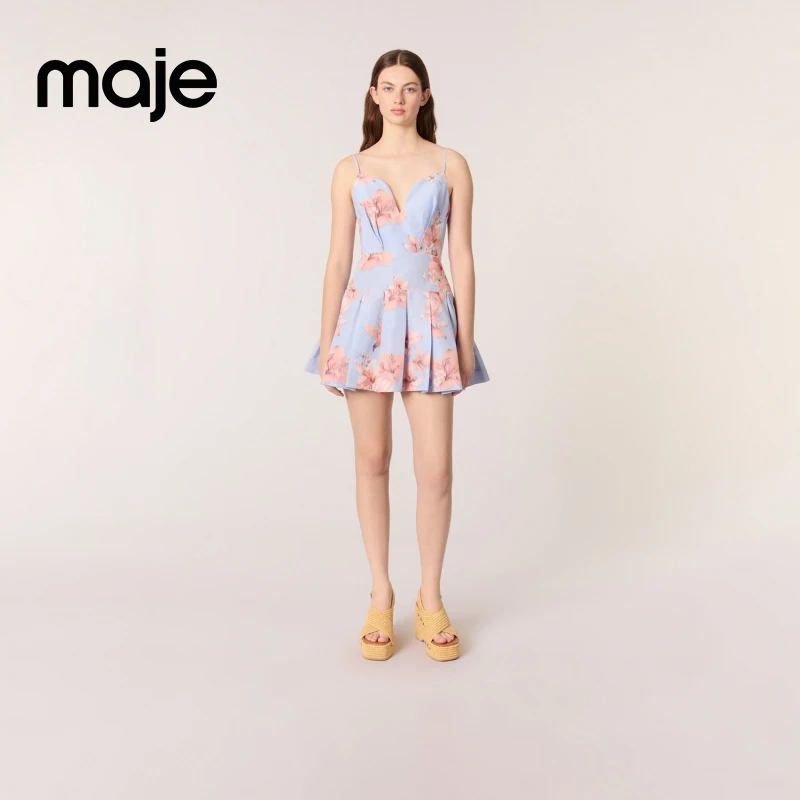 Maje2025春夏新款女装时尚花卉印花收腰短款吊带连衣裙MFPRO04073