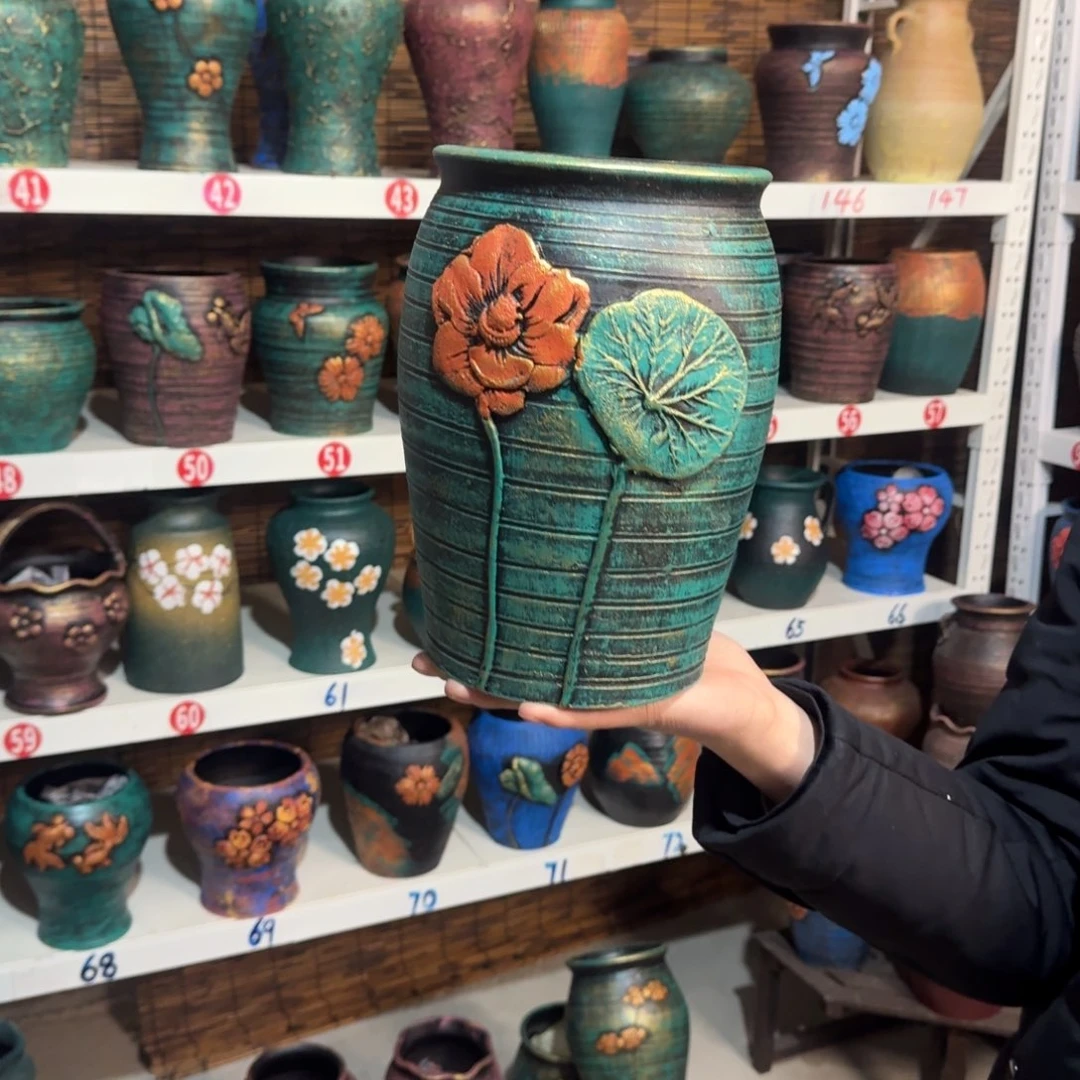 红陶红陶浮雕花盆炸炸炸