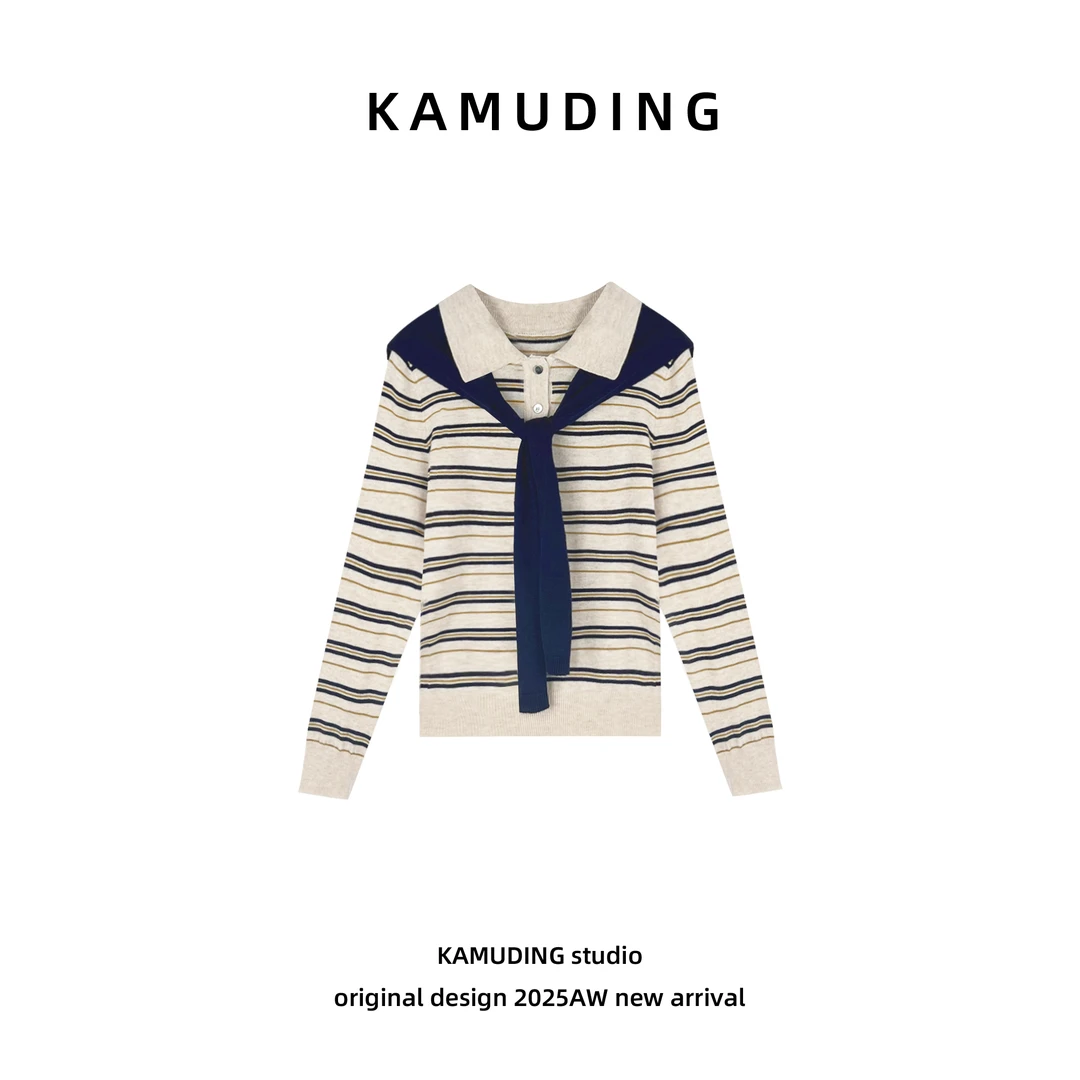 KAMUDING2025新款A30秋季翻领时尚条纹百搭显瘦针织衫25224