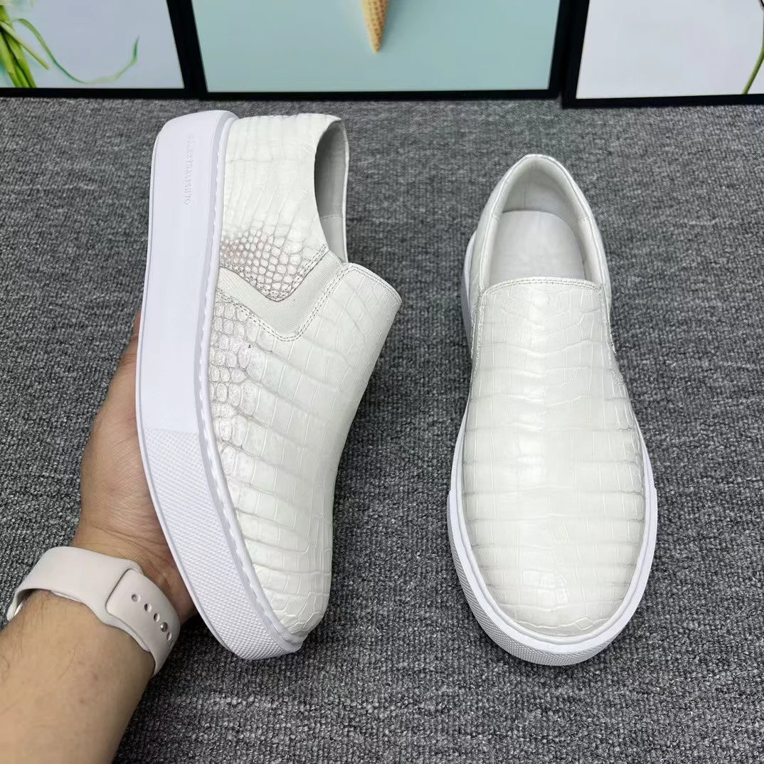 保真鳄鱼皮板鞋男士休闲百搭男鞋系带潮流黑色耐磨鞋子时尚小白鞋