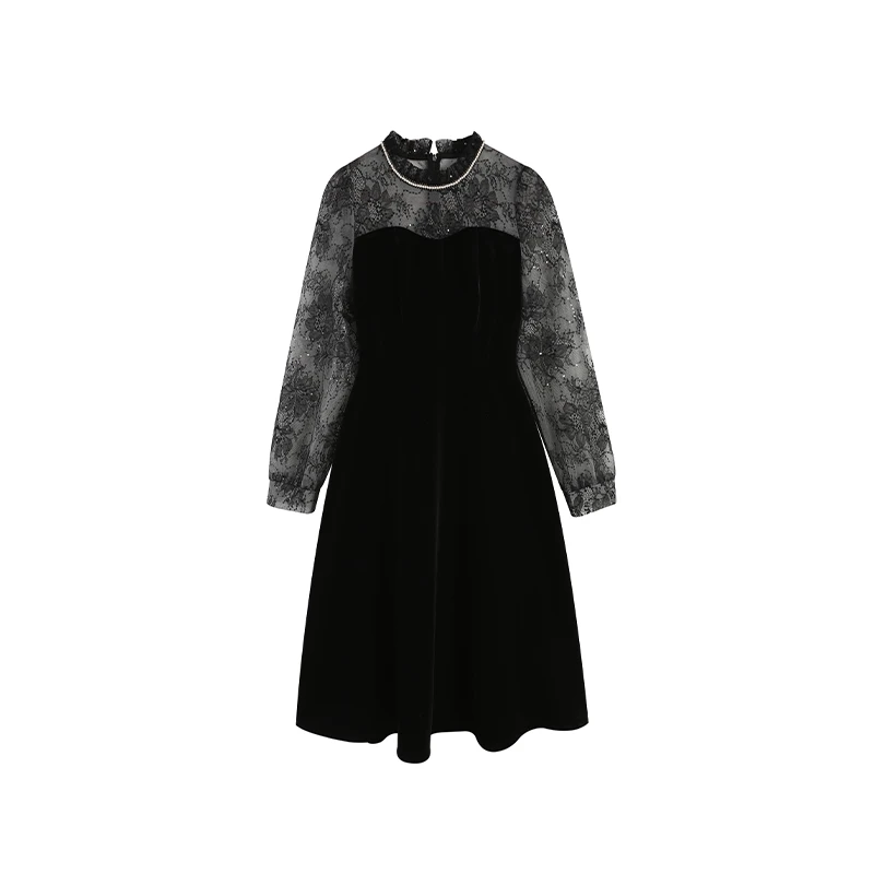 黑色气质蕾丝长款轻奢连衣裙秋冬裙子ZL55112