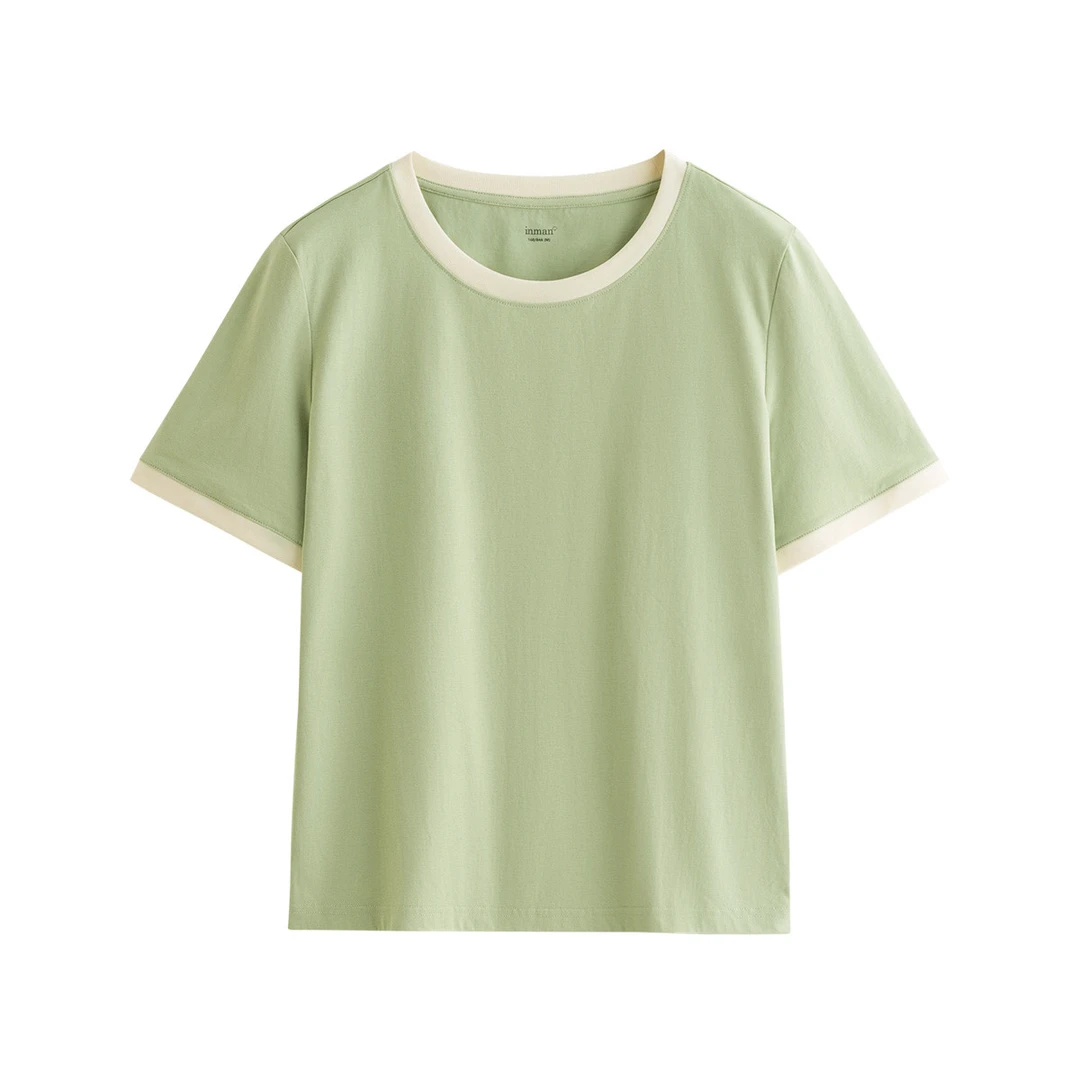 【欧若智性风】茵曼夏季索罗娜撞边圆领休闲T恤女减龄简约百搭上衣