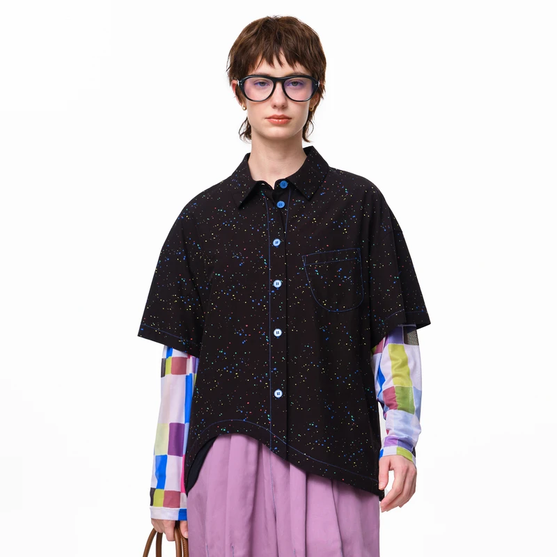 MOVEUP幻走2025夏季新款.FUN 彩点印花波浪下摆短款衬衫3EWX20402