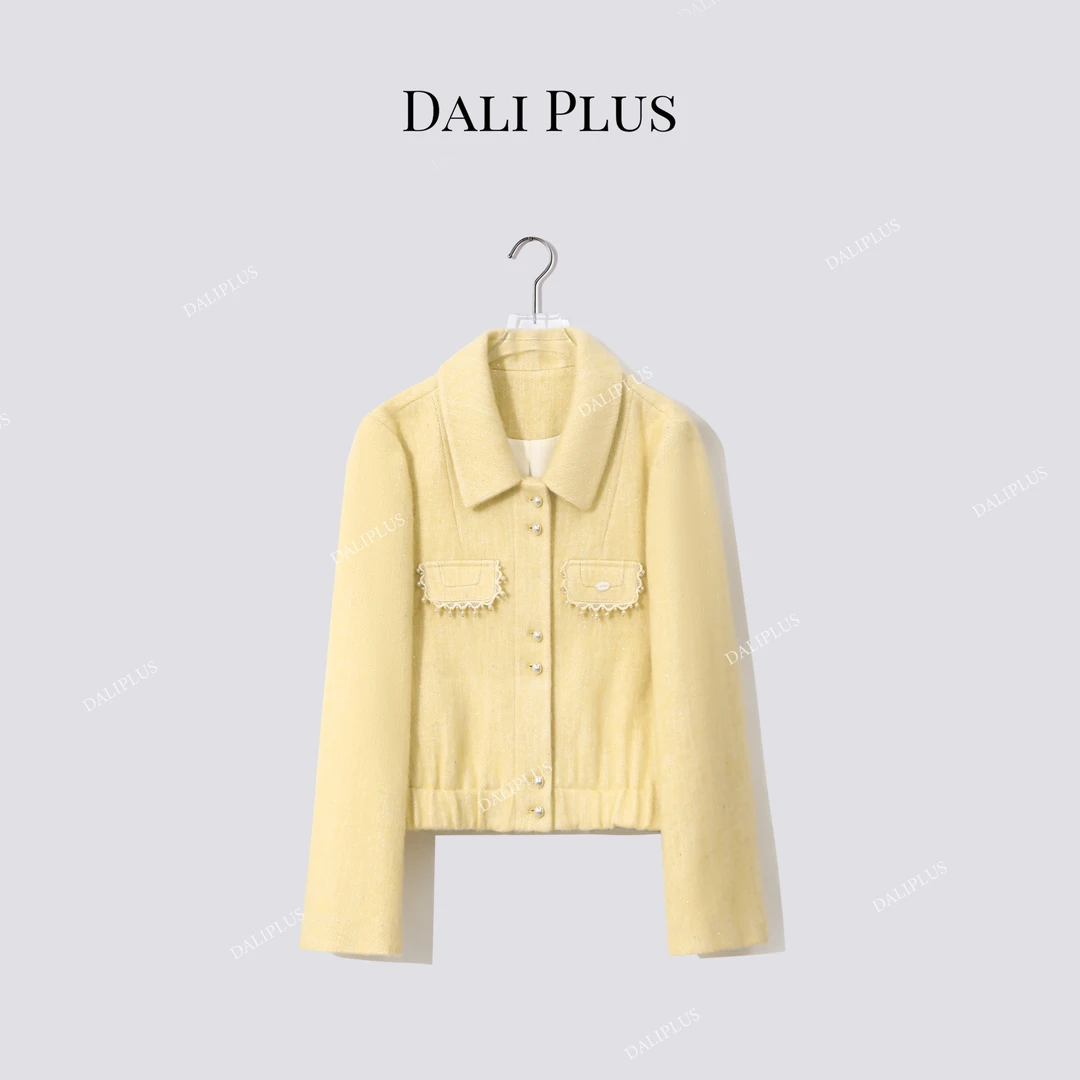 DALI PLUS“马海毛羊毛拉绒外套”口袋手工镶嵌珍珠织带-D5CH4664