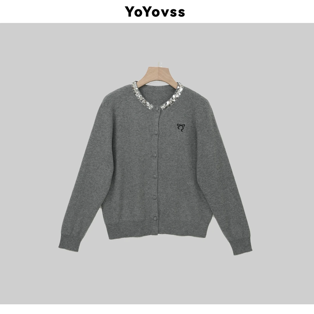 YOYOVSS【轻奢】秋冬新款小香风针织开衫时尚重工镶钻上衣百搭打底