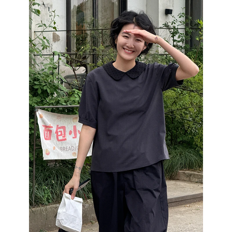 LANGQING 深灰色翻领小众夏季正肩宽松显瘦时尚休闲T恤44281#