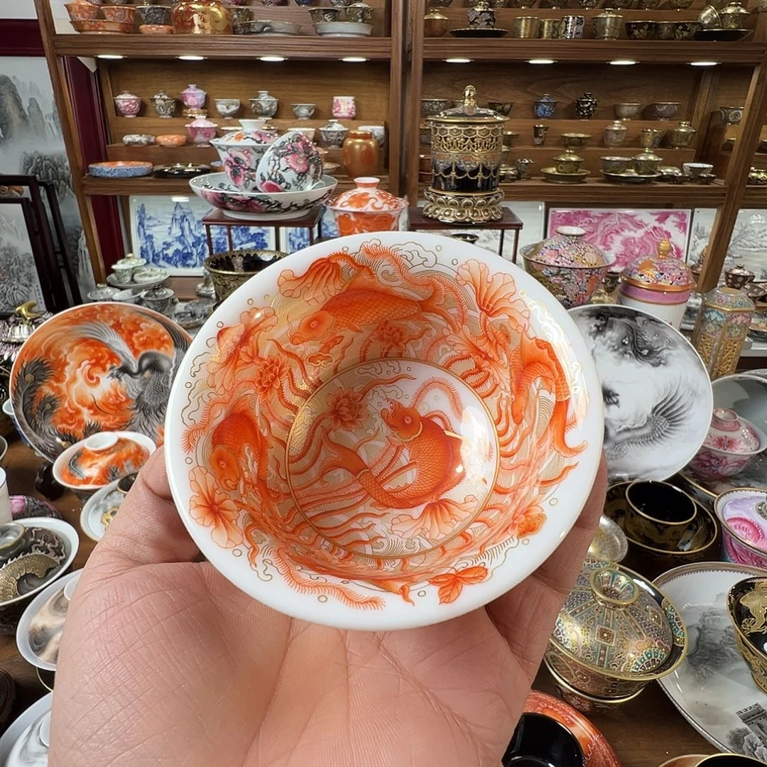 矾红九鱼描金海水主人杯