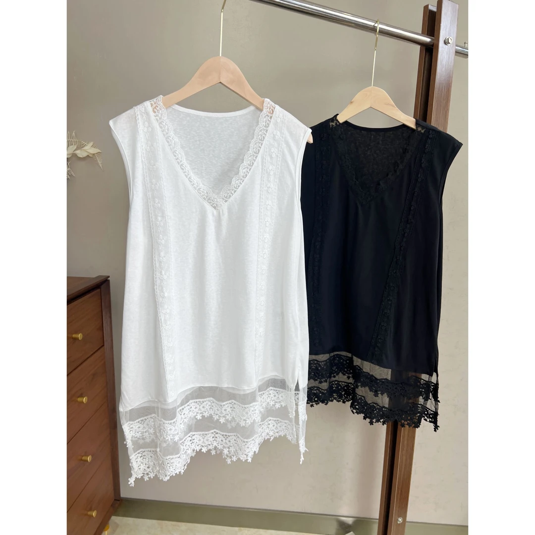 【蔡蔡呀】2082正品春夏季新款V领下摆拼接蕾丝边中长款打底背心女