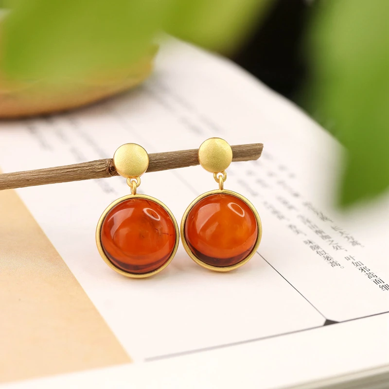 925银耳饰 s925通体银耳钉简约时尚圆形红耳坠中国风