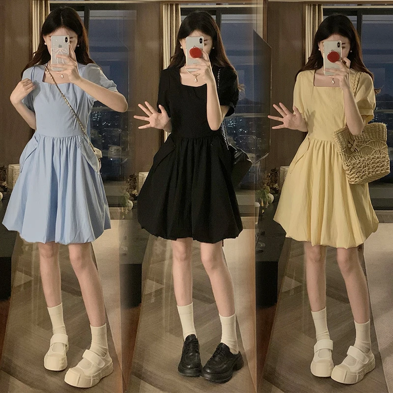 2025大码花苞短袖裙工装连衣裙女夏季新款收腰显瘦蓬蓬裙纯色裙子