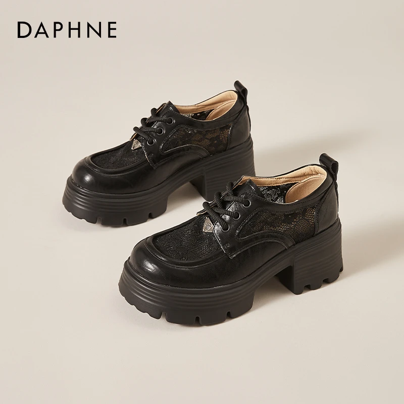 达芙妮7.5CM增高厚底网面乐福鞋2025春季系带单鞋小个子高跟女鞋