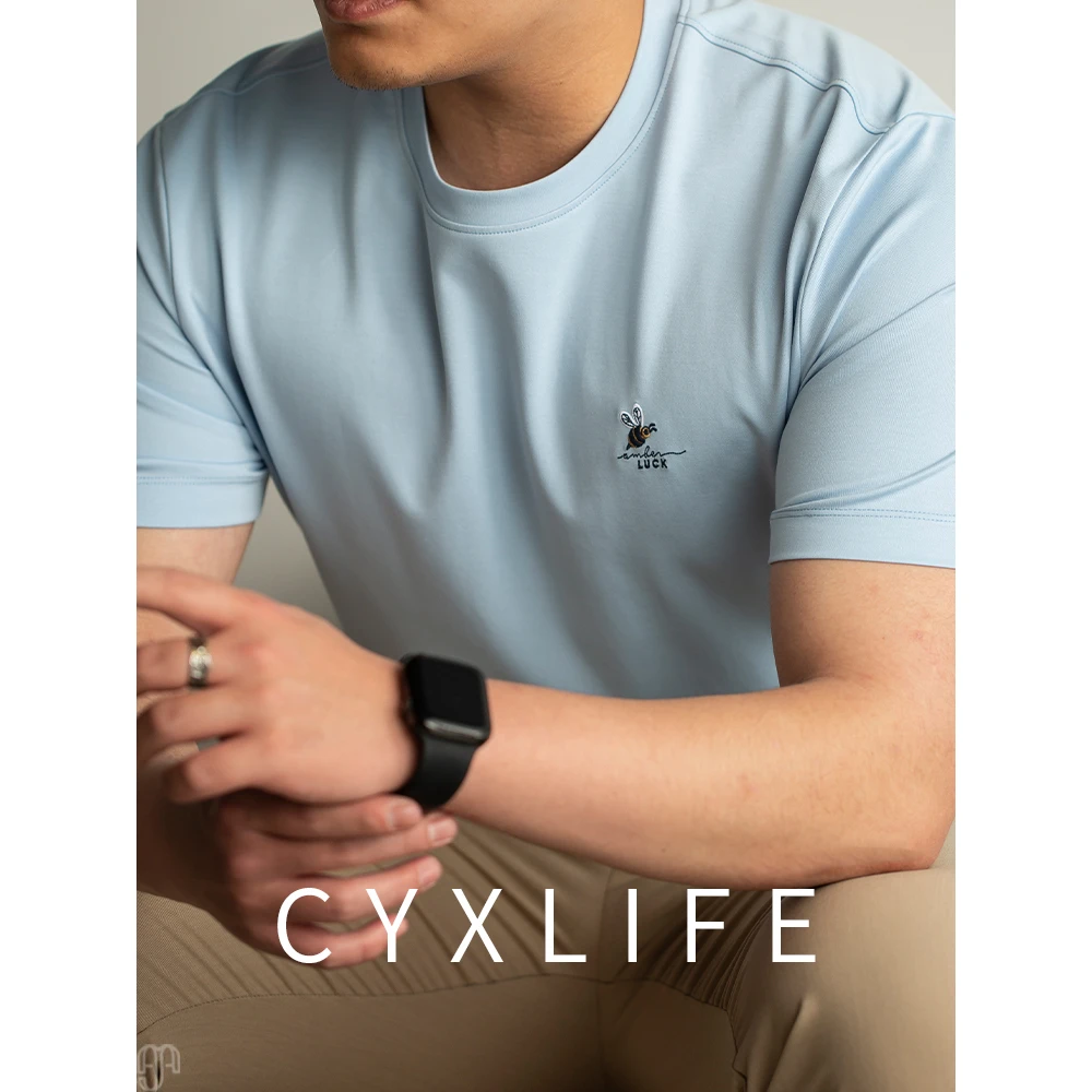 爱上这质感~液氨丝光棉刺绣蜜蜂蓝色t恤男短袖修身半袖男夏季薄款