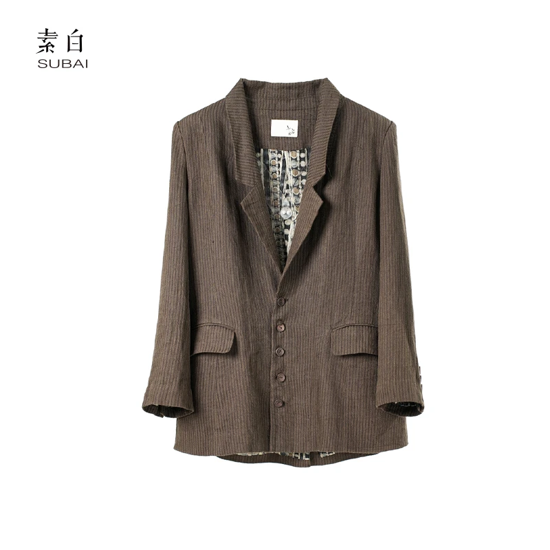 素白马乖【逍遥】93384亚麻高级咖色外套复古洋气百搭西服