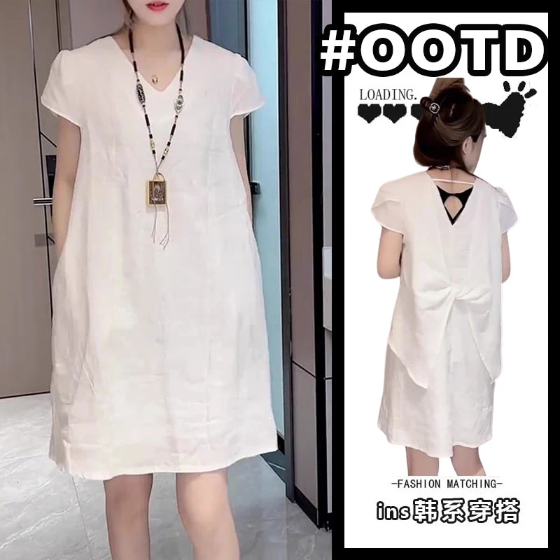 夏季新款大码薄款轻奢时尚蝴蝶结宽松连衣裙显瘦减龄洋气中长裙女