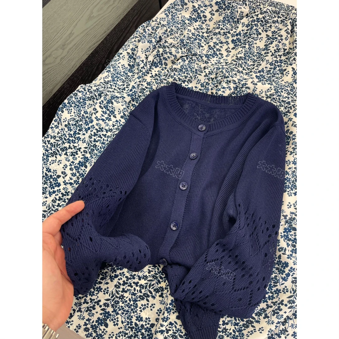 /镂空孔雀蓝/薄款夏季凉爽镂空防晒长袖针织衫衣长56胸围52 95186