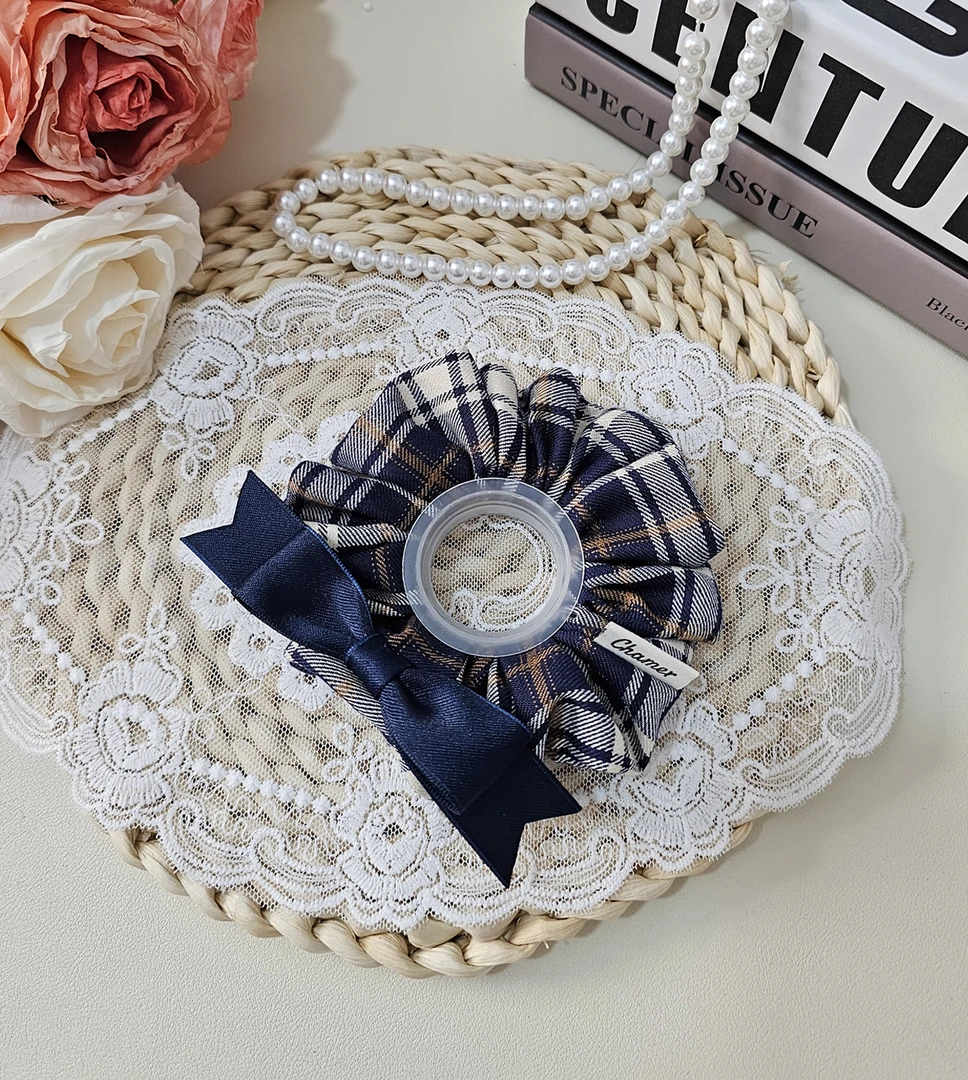 Chamer : 海岸格调： 法式学院风发圈发饰原创蓝白格纹蝴蝶结肠圈