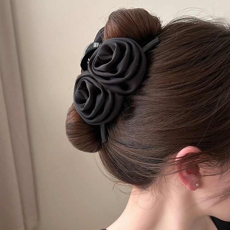 缎面手工玫瑰花抓夹气质复古花朵高级感盘发夹S