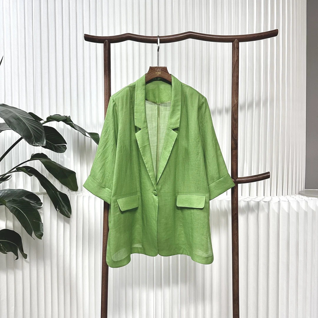 胖姐的时尚大码100苎麻净色休闲薄款宽松百搭西装7112