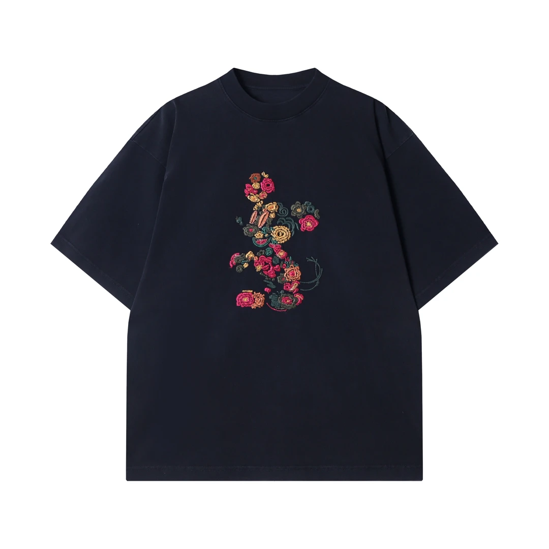 春夏新款时尚个性韩版撞色刺绣花朵圆领半袖T恤复古宽松情侣上衣